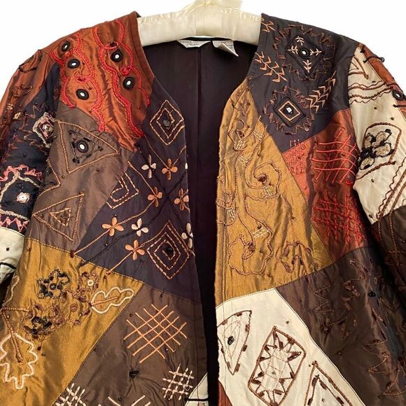 Vintage Laura Ashley Patchwork Embroidered Jacket w/ Beads Orange Tan Brown - Picture 2 of 6